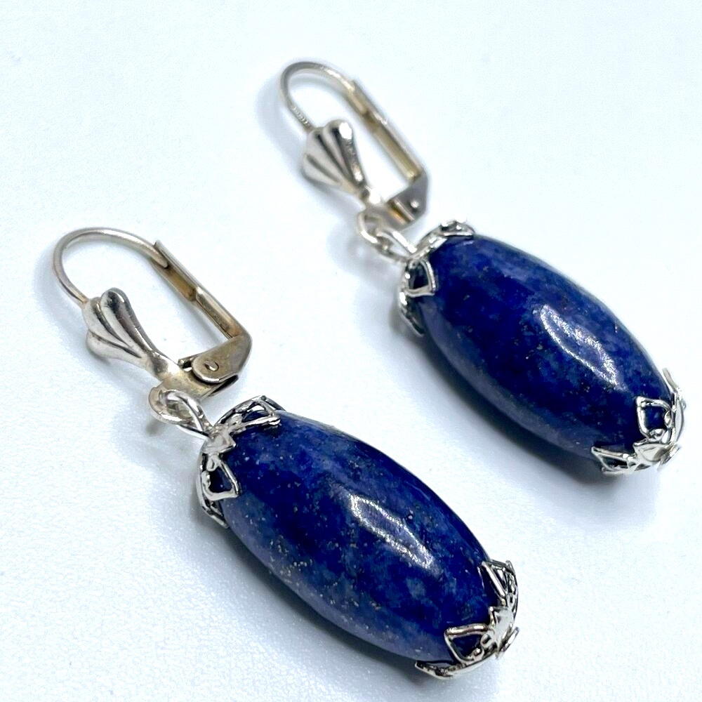 Artisan Lapis Lazuli Beaded Silver Tone Dangle Lever Back Earrings Boho Timeless - Picture 2 of 6